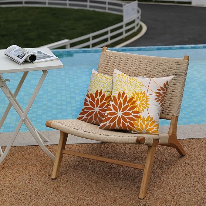 Brown Yellow Fall Pillow Cover 18X18 Inch Set of 2 Outdoor Waterproof Floral Brown Decorative Pillowcase Decor for Couch Patio Funiture Garden Print Polyester Cushion Cover 01M18