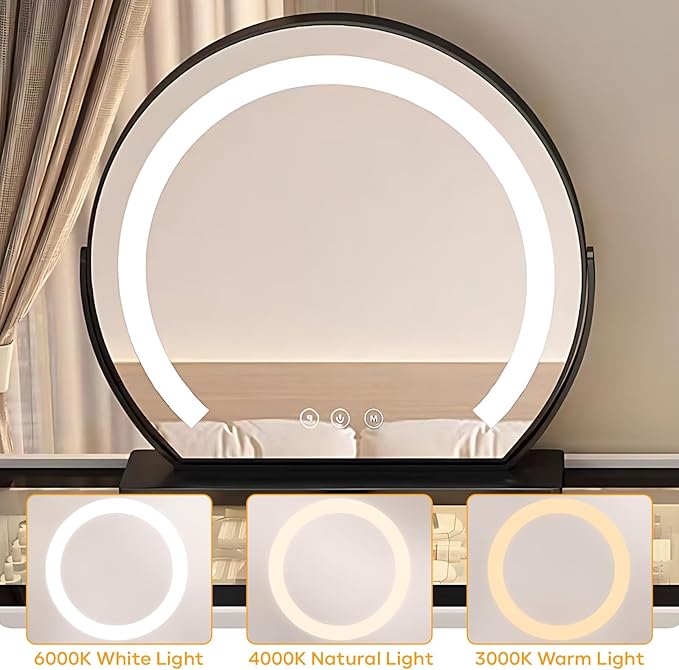 Makeup Vanity Desk, Modern Dressing Table Include LED Smart Round Mirror and Glass Countertop, Luxury Vanity Set with Makeup Chair, Side Cabinet with Drawers Storage and Ambient Light (White,40")