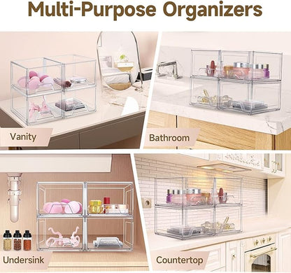 Damomo 4 Pack Stackable Organizer Drawers, 4.4" Tall Clear Bathroom Makeup Organizer and Storage, Acrylic Small Organizers Bins for Vanity, Undersink, Bathroom, Pantry, Kitchen Cabinets