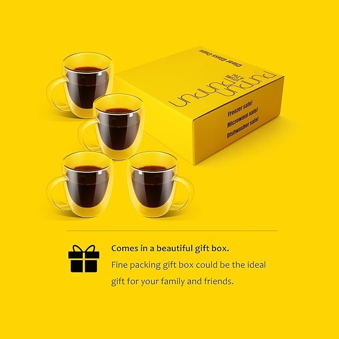 PunPun 12.9OZ. 380ml Clear Coffee Mugs, Glass Cups for Latte, Double Wall Glass with Big Handle, Clear Mugs for Iced Coffee or Hot Beverages, Espresso Cups Each Set of 4