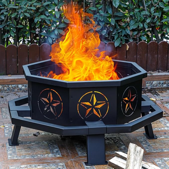 Verdeluxe 35 Inch Octagonal Fire Pit,Outdoor Fire Pit,Wood Burning Firepit for Bonfire,Firepits for Outside,Camping, Backyard, Patio,Bonfire,Garden