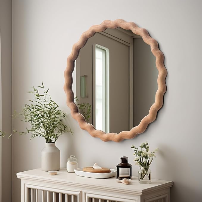 Irregular Wall Mirror,Wood Round Farmhouse Mirror Unique Vanity Mirror,18" Nature Wooden Modern Bathroom Mirror for Washroom Living Room Bedroom