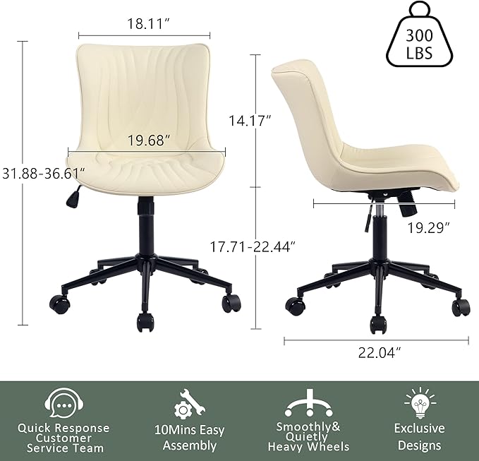 YOUTASTE Office Chair Armless Desk Chair Small Computer Swivel Rolling Chair with Wheels, Modern Upholstered PU Leather Computer Sewing Chair, Adjustable Home Office Desk Chairs, Beige