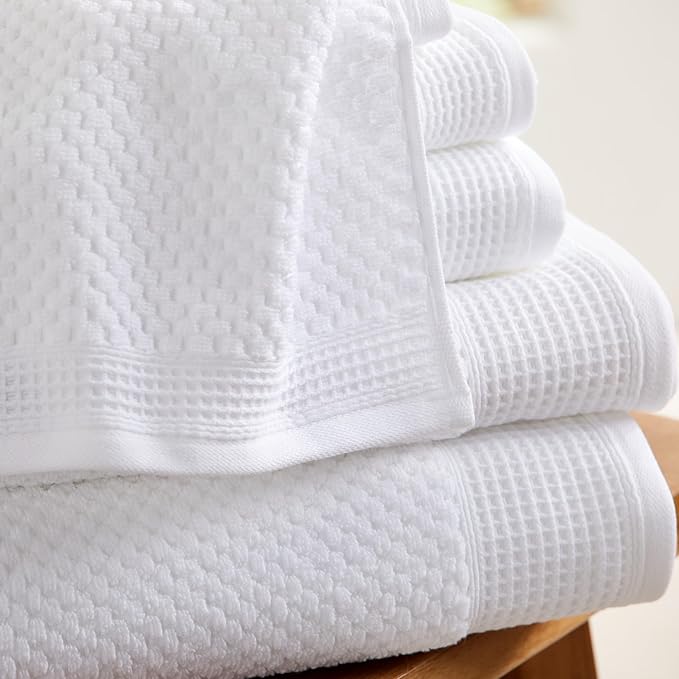 Market & Place 100% Cotton Waffle Textured 6 Piece Set | Super Soft Quick Dry Bath Towels | Decorative for Bathroom | 2 Bath, 2 Hand, 2 Washcloths | Belle Collection (White)