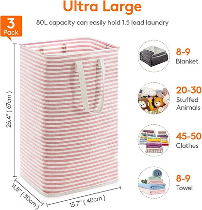 Lifewit 3 Pack Laundry Hamper Large Collapsible Laundry Baskets, Freestanding Waterproof Clothes Hamper with Easy Carry Handles in Laundry Room Bedroom Bathroom College Dorm for Adults, Pink, 3 x 80L