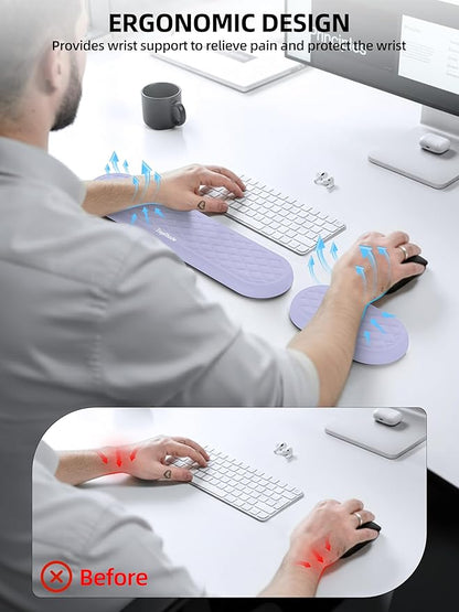 TopMade Upgraded Wider Wrist Rest Set, Soft Memory Foam Keyboard Hand Rest Pad, Computer Ergonomic Keyboard Mouse Wrist Support for Typing Pain Relief, Comfort for Office, Gaming, Study, Purple