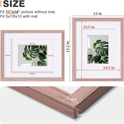 Egofine 11x14 Picture Frame Made of Solid Wood Covered by Plexiglass, Display Pictures 5x7/8x10 with Mat or 11x14 Without Mat for Table Top Display and Wall Mounting Photo Frame, Peach Pink