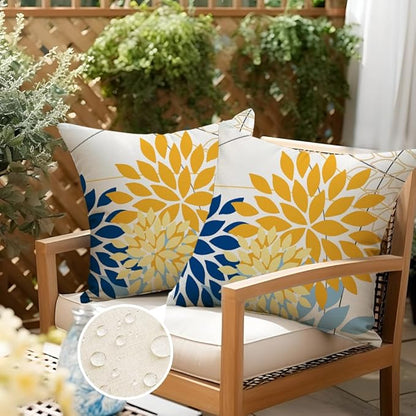 RABUSOFA Outdoor Pillow Covers 20x20 Inch Set of 2 Yellow Blue Flower Decorative Waterproof Spring Summer Floral Outdoor Cushion Covers for Patio Funiture Garden Couch Decor