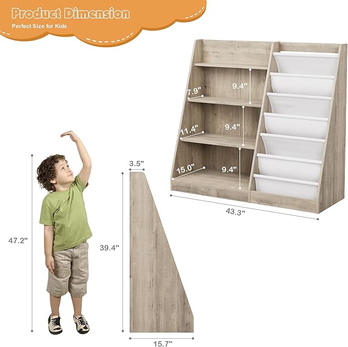 Kids Bookshelf Wood Toy Storage Organizer Cabinet Children Bookcase Toddler Baby Sling Book Rack Adjustable Shelf for Playroom Bedroom Nursery Hallway School Kindergarten