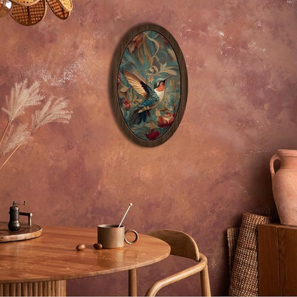 UYIKG Vintage Hummingbird Wall Art Decor,Floral Bird Hummingbird Oval Wall Decor,Rustic Cottagecore Animal Botanical Oval Wooden Framed Decorations for Home Theme Room Bedroom Living Room 9x14.6 in