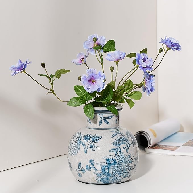 SIDUCAL Blue and White Vintage Vase | 6 Inch Ceramic Chinoiserie Floral | Retro Ice Cracked Blue and White Porcelain Vase for Table, Living Room, Bathroom Decoration, Wedding, Shelf Decor, Mantel
