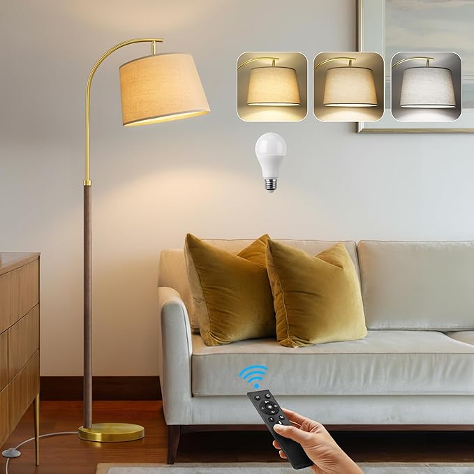 63" Wood Floor Lamp for Living Room Dimmable Standing Lamp with Remote & Foot Switch, 3 Color Temperatures Tall Lamp Mid Century Modern Floor Lamp for Bedroom Office, 9W Bulb Included, Chestnut