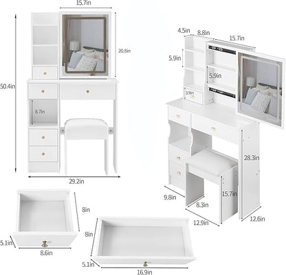 29.2" Small Vanity Desk with Mirror and Lights, Makeup Table with Led Lights and Sliding Mirror, 3 Lighting Colors, Vanity Set with 5 Drawers and Stool for Small Space Bedroom, White