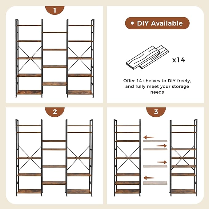 SUPERJARE Triple 5 Tier Bookshelf, Bookcase with 14 Open Display Shelves, Wide Book Shelf Book Case for Home & Office, Rustic Brown