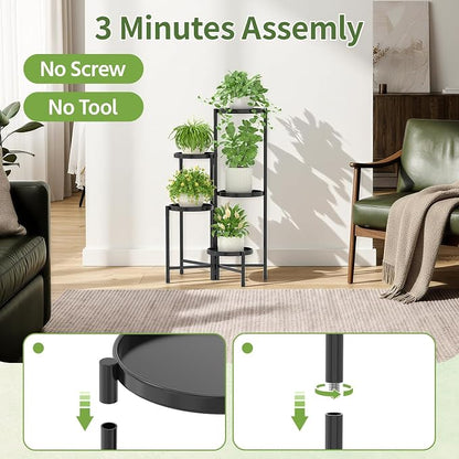 LASZOLA 5 Tier Large Plant Stand Indoor Tall with Grow Lights, Corner Folding Flower Display Rack with 10 Inch Metal Tray, Modern Plant Holder Shelf for Outdoor Patio Porch Garden Living Room, Black