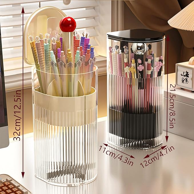 Makeup Brush Holder with Lid, One-Hand Press Open/Close Mechanism Cosmetic Tools Organizer, Clear Waterproof Dustproof Make Up Storage for Vanity, Bathroom Countertop-Cream-Silver Ball