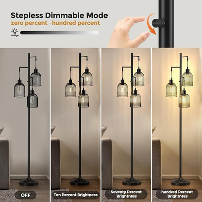 Stepless Dimmable Floor Lamps with Hanging Lampshades 3 Lights Boho Floor Lamps with 3 PCS 6W Bulbs Tree Standing Lamp Tall Pole Lamp for Living Room Bedroom Office, Black