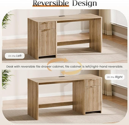60" Fluted Home Office Desks with Storage, Modern Executive Desk Computer Desk with Drawer & Cabinet, Wood Work Desk for Office, Bedroom, Study, Living Room, Oak