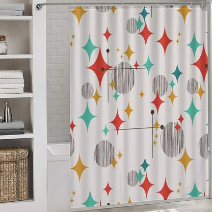 Mid Century Modern Shower Curtain,Atomic Starburst Geometric Diamond Pattern Shower Curtains Set for Bathroom Fabric Decorative Bath Curtain Washable Curtain Hooks, 72x72 inch