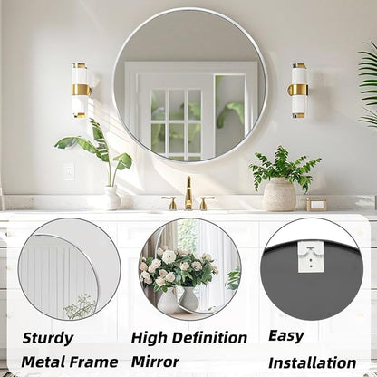 Silver Round Mirror, Circle Mirror 30 inch, Round Wall Mirrors Metal Frame, Circle Mirrors for Bathroom, Living Room, Hallway, Vanity, Over Sink