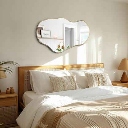 Irregular Wall Mirror, 30"x20" Asymmetrical Decorative Accent Mirror with Black Metal Frame, Organic Shape Mirrors for Entryway Bedroom Living Room, Horizontal or Vertical Hanging