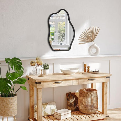 Irregular Mirror for Wall Decor Modern Asymmetrical Small Wall Mirror with Wooden Framed Unique Shape Vanity Artistic Cloud Mirror Decorative for Living Room Bedroom Bathroom