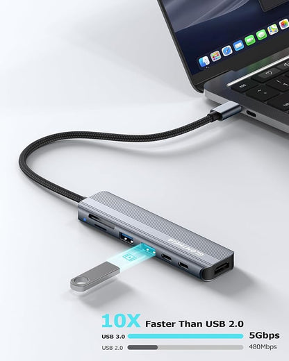 USB C Hub Multiport Adapter for Laptop MacBook Air/Pro, 100W PD, 2xUSB-A 3.0