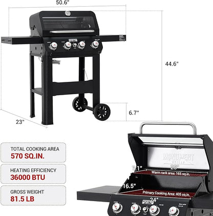 Monument Grills 4-Burner Liquid Propane Gas Grill, Matte Black Stainless Steel Burner Grill with Clearview® Lid and One Foldable Shelf for Outdoor Cooking Kitchen Patio Backyard Barbecue, Mesa420MF