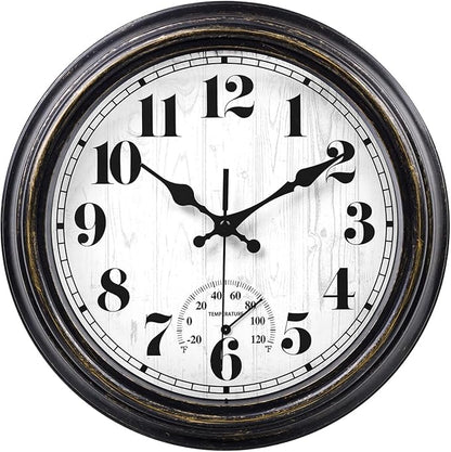 45MinST 12 Inch Indoor/Outdoor Retro Round Waterproof Wall Clock with Thermometer, Silent Non Ticking Battery Operated Quality Quartz Wall Clock Home/Patio Decor(Black Gold)
