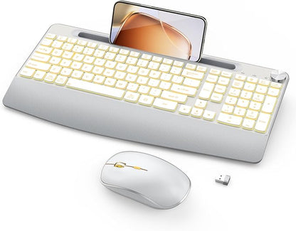 JOYACCESS Ergonomic Wireless Keyboard with Phone Holder,Rechargeable Backlt Wireless Keyboard Mouse Combo with Light Up Keys for for Laptop, PC, Mac, Windows-Silver White