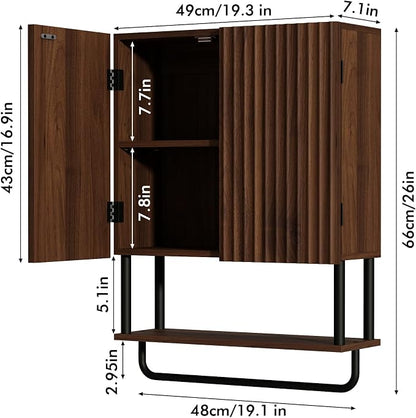 RUSTOWN Fluted Bathroom Wall Cabinet with 2 Doors, 3-Tier Modern Farmhouse Medicine Cabinet, Over The Toilet Storage Cabinet with Adjustable Shelf and Towel Bar (Dark Walnut, Medium)