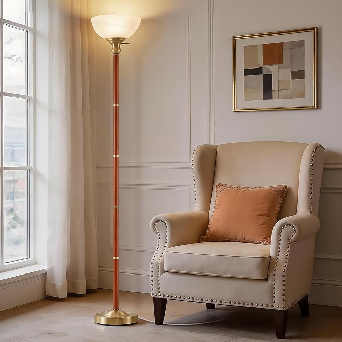 EJIAXIN Wood Floor Lamp for Living Room - Gold Standing Lamp with Glass Shade Torchiere Floor Lamps for Bedroom - Mid Century Modern Corner Tall Lamps for Home Office Nursery Industrial Reading Light