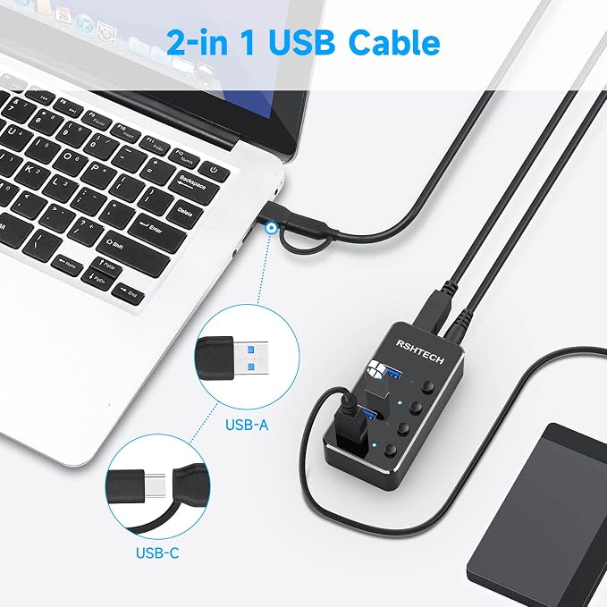 USB 3.0 Hub RSHTECH 4 Port Powered USB 3.0/USB C Hub Upgraded Version
