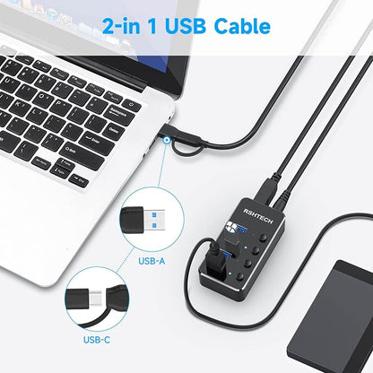 USB 3.0 Hub RSHTECH 4 Port Powered USB 3.0/USB C Hub Upgraded Version