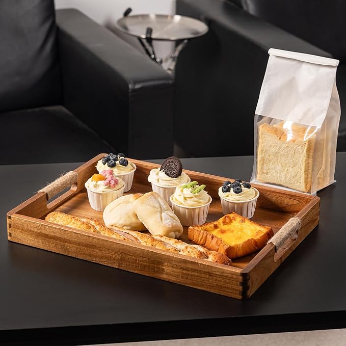 16.5 x 12 Inches Acacia Wood Serving Tray, Large Wooden Food Trays with Handles, Coffee Table Tray for Ottoman, Charcuterie, Parties, Eating, Snack, Decor, Outdoor Kitchen Counter Bandeja De Madera