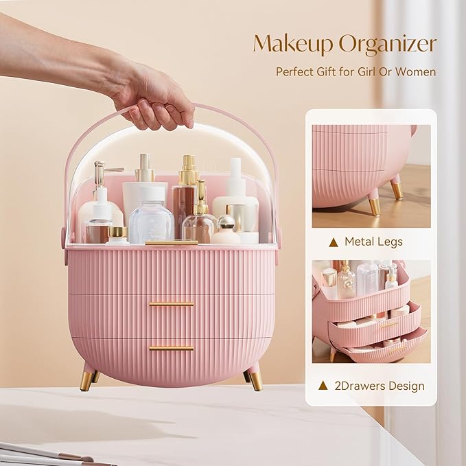 Makeup Organizers, Make Up Organizers for Vanity, Countertop Cosmetic Storage with Drawers and Transparent Cover for Bedroom Bathroom(Pink)