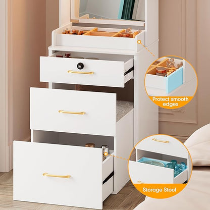 KAMABOKO Vanity Desk with Mirror and Lights, Large Makeup Vanity Table Set with Drawers & Cabinets & Power Outlet, 3 LED Lights Modes Adjustable (029 White)