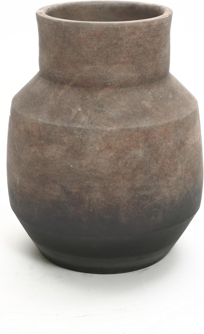 LuxenHome Rustic Ceramic Flower Vase,Farmhouse Vintage Pottery for Shelf Decor Room Decor,Brown Ombre Terracotta Vase,11'' Round Decorative Vases Home Decor Living Room