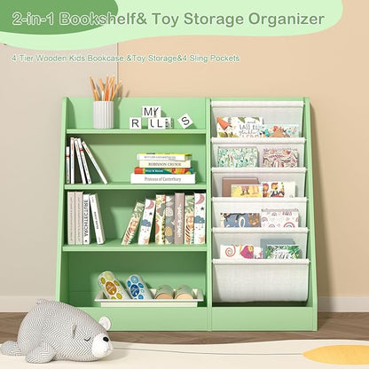 Kids Bookshelf Toddler Bookcase Children Book Rack Baby Toy Storage Organizer Child Book Display Shelf 4-Tier 5 Layer Sling Cabinet Chest Playroom Bedroom Classroom Library Green