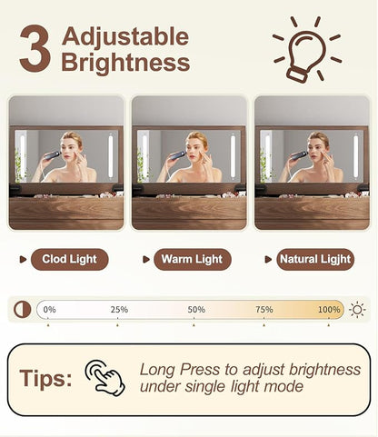 KungFuWood Wood Vanity Desk with Mirror and Lights, Dressing Vanity Table Vanity Set 3 Drawers, 32 Inch Large Make Up Vanity Table Wooden with 3 Lighting Modes (W32 inch walunt Wood)