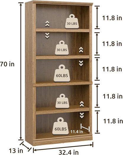 70 in Tall Bookcase, White Bookshelf Open Storage 5-Tier Shelves, 33 inch Wide Floor Standing Indoor Furniture, Book Cases for Home School Library Office Bedroom Kids, Vintage Oak 5 Tiers