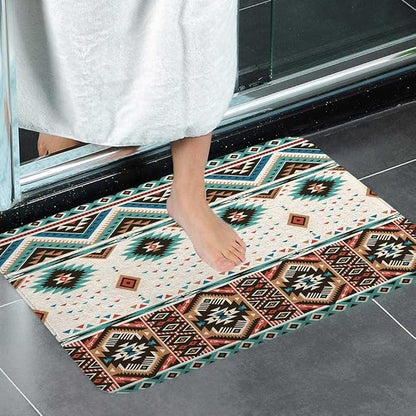 Aztec Bath Rugs for Bathroom,Southwestern Native Tribal Navajo American Ethnic Pattern Western Boho Triangular Non Slip Flannel Bathroom Rug, Dry Fast Water Absorbent Bath Mats, 17x29 Inc
