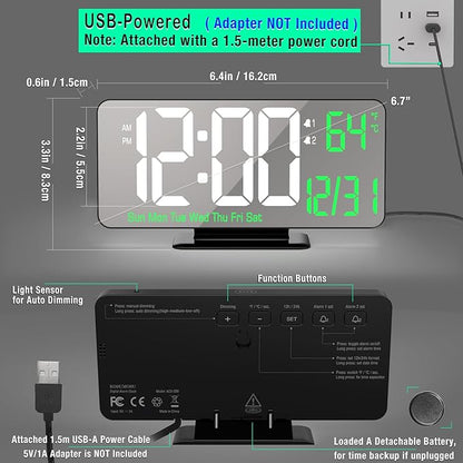 KOSUMOSU Desk Clock 6.7in Black Digital Alarm Clock