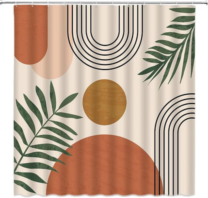 Mid Century Modern Shower Curtain Boho Beige Orange Abstract Retro Aesthetic Fabric for Bathroom Decor Bathtub with Hooks (70" WX84 H)