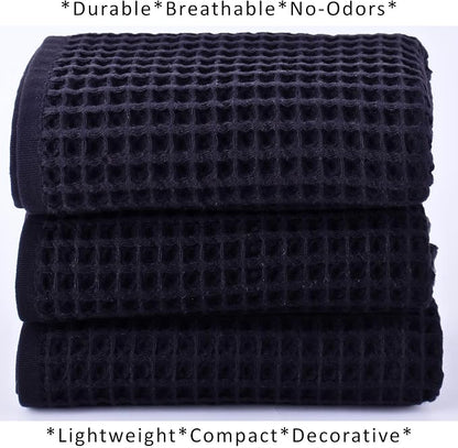 PÜSKÜL Natural 100% Turkish Cotton Waffle Kitchen Towels Set of 3 | Oeko-Tex, Premium Waffle Hand Towels for Bathroom | Soft Absorbent Quick-Dry Lint-Free Dish Towel Large 32x16 inch (3, Black)