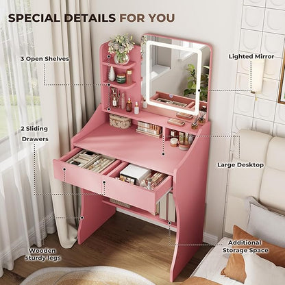 Small Vanity Desk, Makeup Vanity with Mirror and Lights, Vanity Desk with Drawer & 3 Storage Shelves, Pink Makeup Vanity Desk with Lights for Bedroom