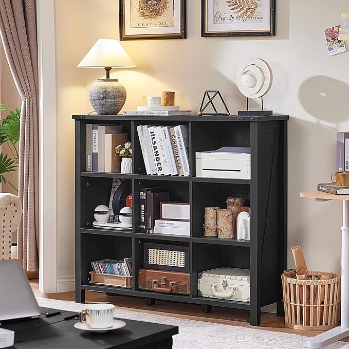 9 Cube Bookcase, Farmhouse 47 Inch Wide Black Bookshelf, Wooden 3 Tier Display Large Open Book Shelf, Vintage Horizontal Book Case for Home Office, Cubby Storage Cabinet for Living Room
