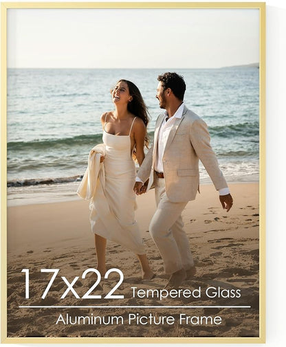 17x22 Metal Picture Frame - Gold Aluminum Picture Frames with Real Glass, Wall Mounting Horizontally or Vertically, Diploma, Certificates and Decor for Wall Gallery 22x17 Frame, Gold