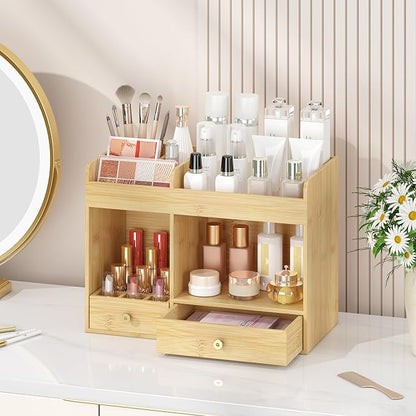 Makeup Organizer with Drawers, Bamboo Countertop Cosmetic Storage for Dresser Vanity Organizer Beauty Desk Skincare Holders Container Make Up Organizing for Lipstick