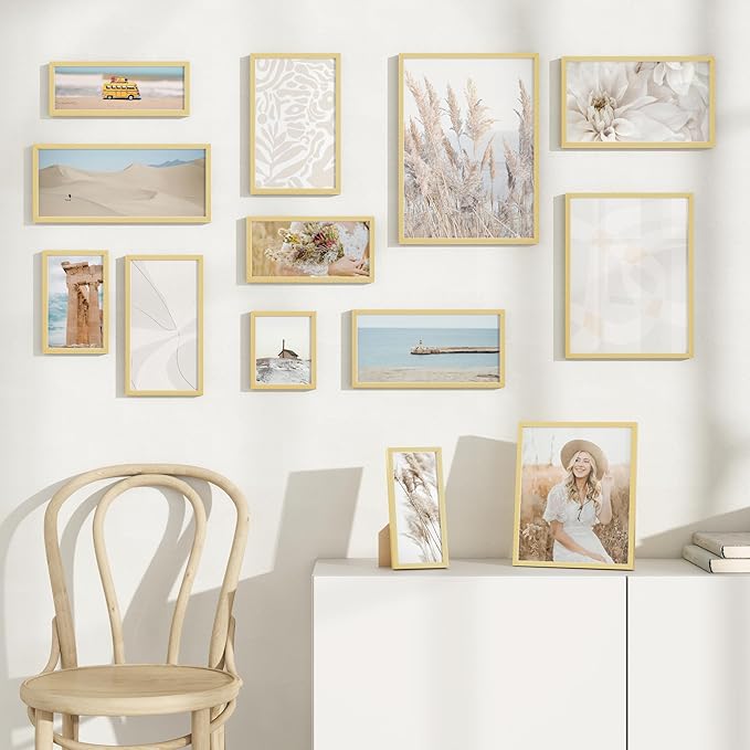 Metal Picture Frame - Gold Aluminum Picture Frames with Real Glass, Wall Mounting Horizontally or Vertically, Simple and Elegant Decor for Wall Gallery Poster Photo 11x6 Frames, Gold